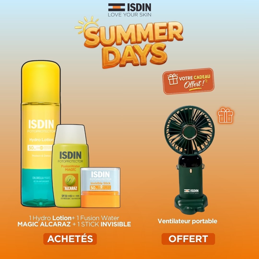 ISDIN Hydro Lotion + Fusion Water Alcaraz + Stick Invisible = Ventilateur Portable Offert Maroc