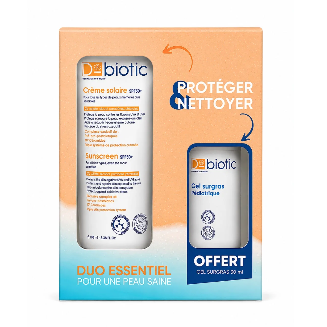 D-BIOTIC Duo Essentiel Creme Solaire Spf50+ 75ml + Gel Surgras Pédiatrique 30 ml Offert Maroc