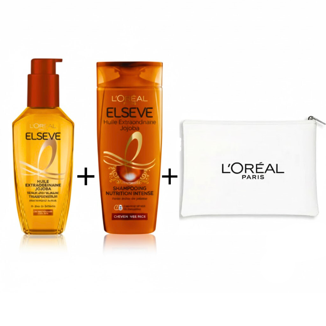Elseve L’Oreal Paris Elseve Huile Extraordinaire Jojoba+shampooing 200ml+Trousse Blanche Pack Maroc