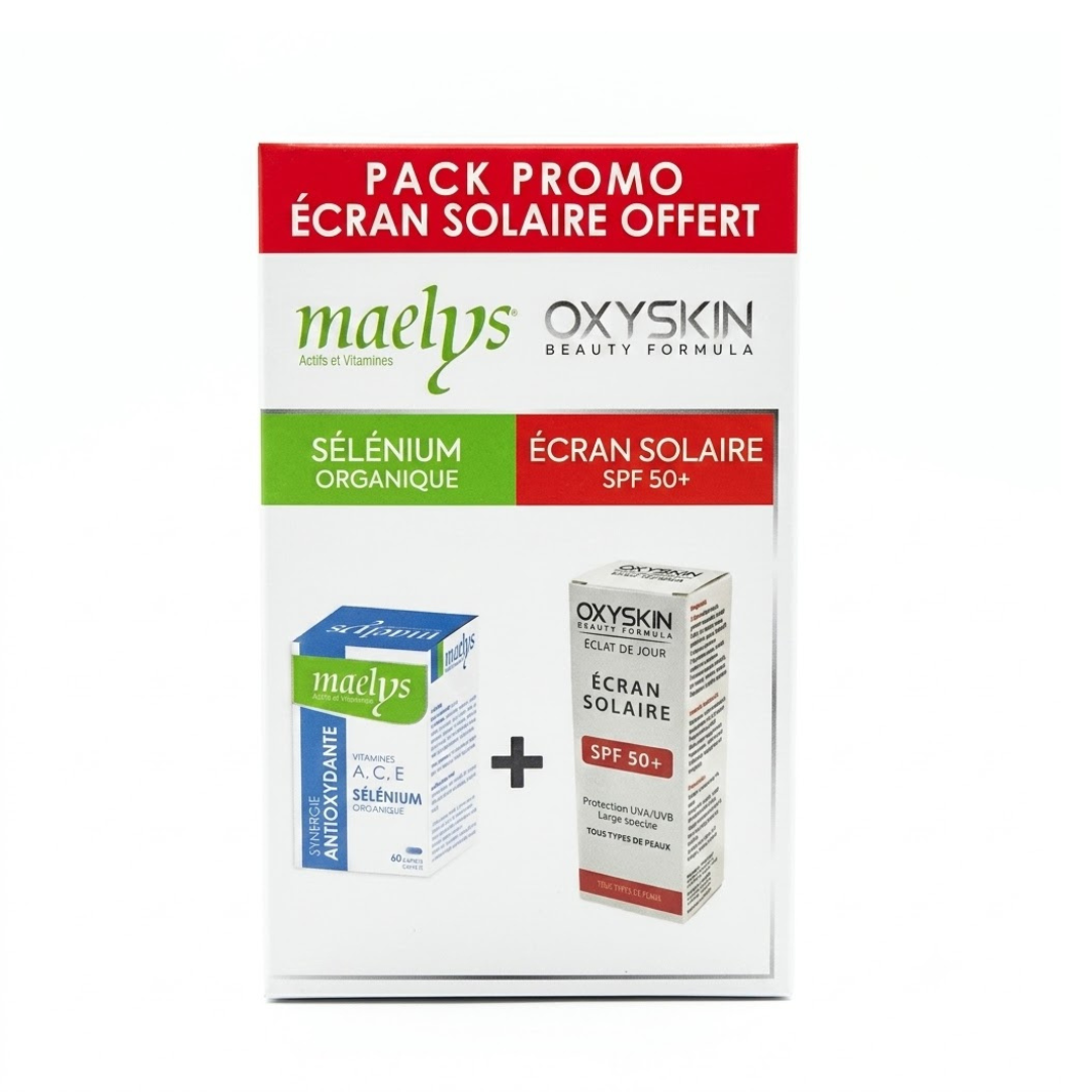 MAELYS Selenium 60 Gelules + Oxyskin Ecran Solaire Spf50+50ml Pack Maroc