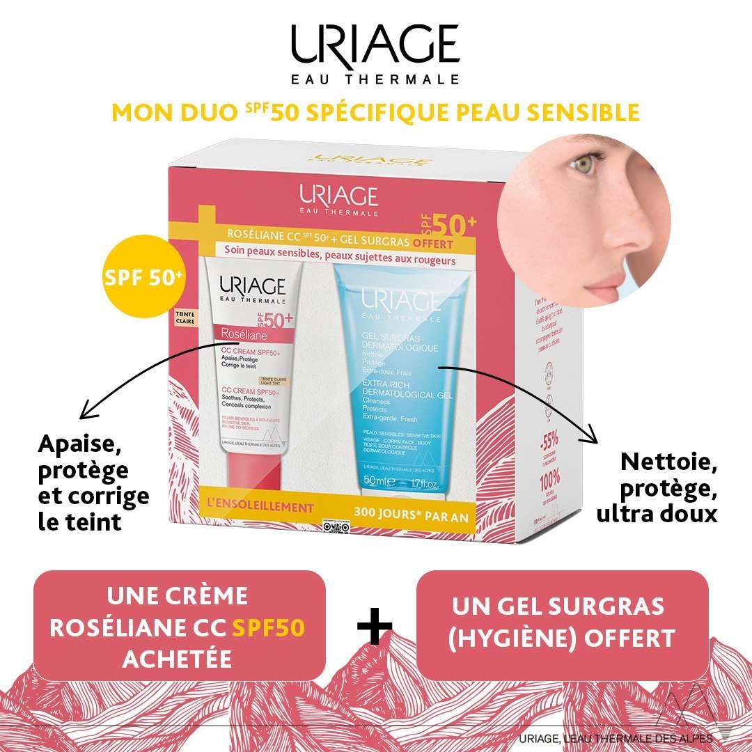 URIAGE Roseliane CC Creme Teinte Claire Spf50+ 40 ml + Gel Surgras 50ml Offert Maroc